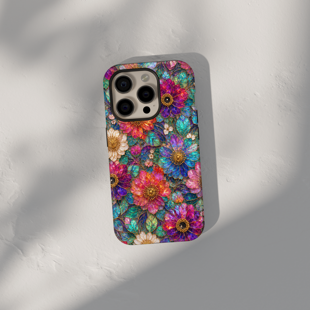 Luxury floral iPhone case featuring vibrant pink, purple, blue, and teal flowers with gold detailing and stained glass inspired artwork.