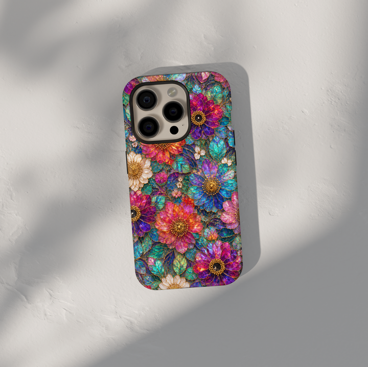 Luxury floral iPhone case featuring vibrant pink, purple, blue, and teal flowers with gold detailing and stained glass inspired artwork.