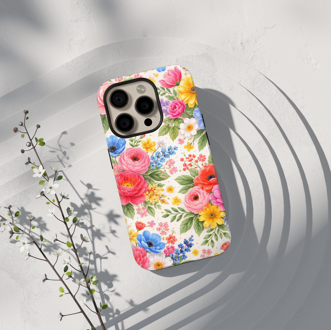 Bright colorful floral iPhone 17 case with vibrant garden bouquet flowers on light background protective tough case for iPhone 17 Pro Max, iPhone 17 Pro, iPhone 16 Pro Max, iPhone 16 Plus