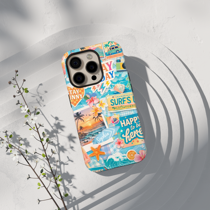 California summer beach collage phone case with sunset, palm trees, and ocean waves for iPhone 17 Pro Max and Samsung Galaxy S26 Ultra.