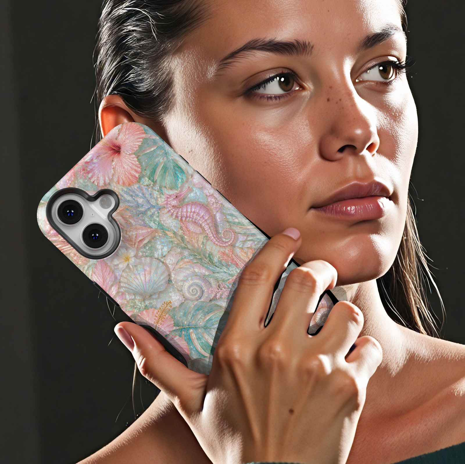 Pastel seahorse iPhone 17 Pro Max case featuring seashells, starfish, coral, tropical leaves, and luxurious coastal ocean artwork.