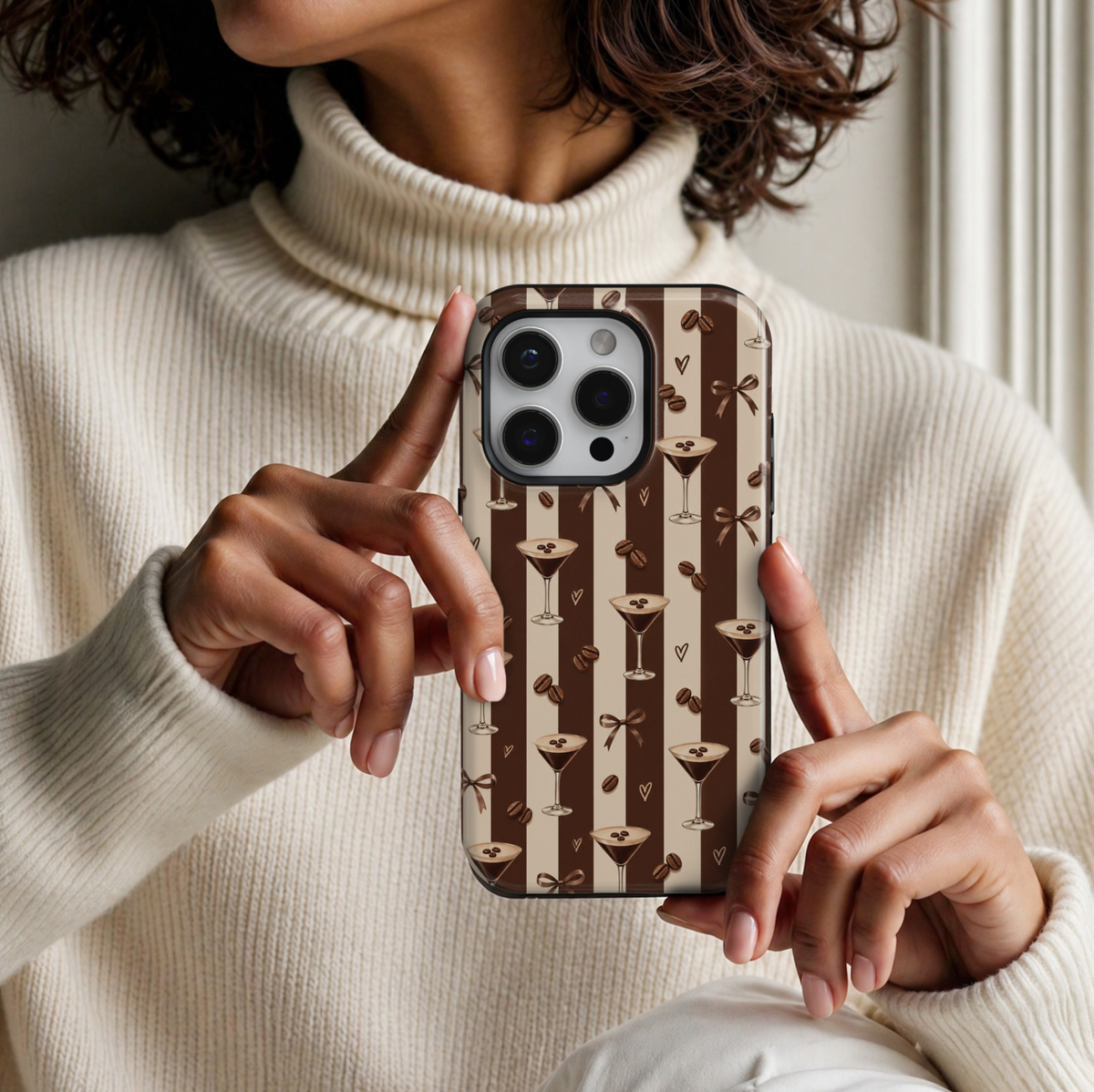 CASELIX Espresso Hour iPhone 18 Pro Max tough phone case featuring rich chocolate brown and cream vertical stripes, espresso martini cocktail glasses, roasted coffee beans, delicate brown satin bows, and minimalist hearts. Trendy glossy printed phone case for women with a chic neutral aesthetic, inspired by espresso martinis, coffee lovers, and elegant cocktail nights.