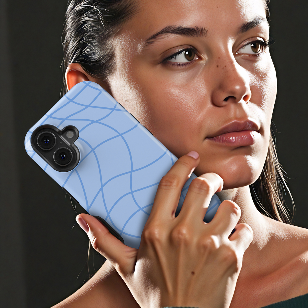 Out of Line abstract blue iPhone 18 Pro Max MagSafe case featuring curved cornflower blue line art over a soft powder blue background, a minimalist modern protective tough iPhone 18 Pro phone case with an aesthetic geometric line pattern and MagSafe compatibility.