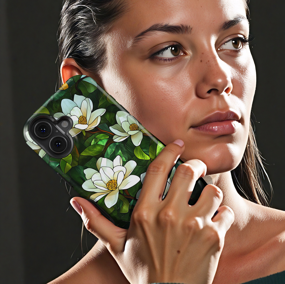 Stained glass magnolia floral iPhone tough case with white flowers and layered green leaves