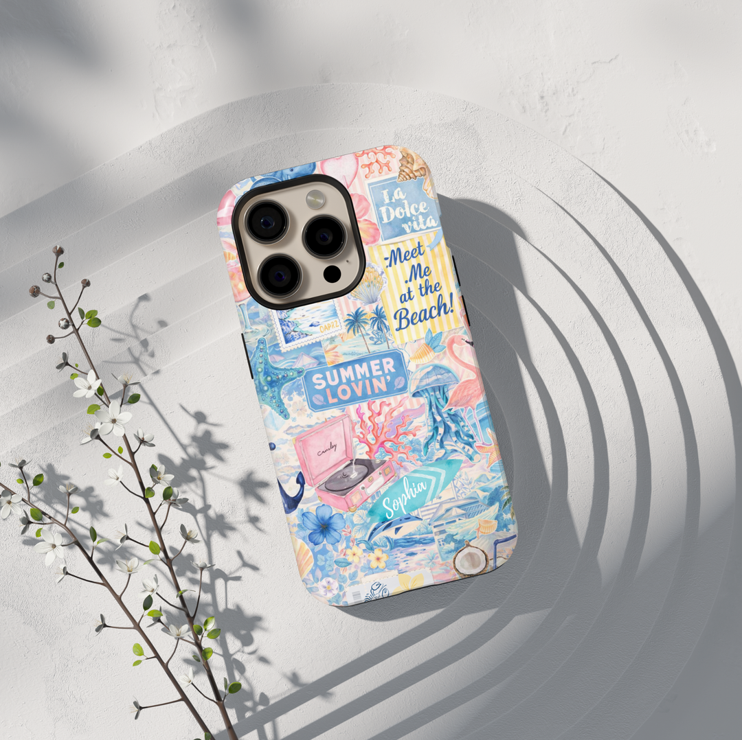 Summer beach collage phone case aesthetic with ocean, seashells, and coastal elements for iPhone 17 Pro Max and Samsung Galaxy S26 Ultra.