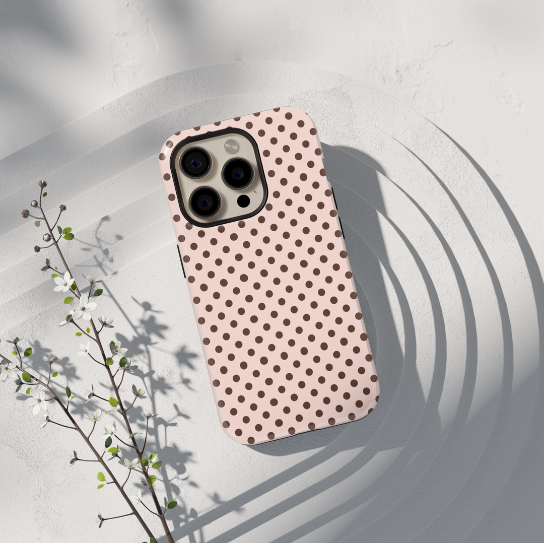 Ivory neutral polka dot personalized phone case with custom name on a protective iPhone and Samsung Galaxy phone case