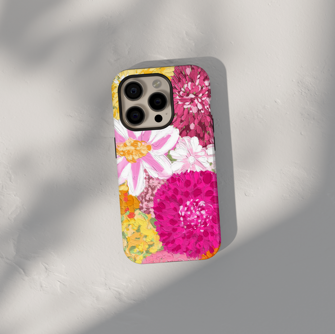 Pink floral painting phone case with bold flower design aesthetic girly case for iPhone 17 Pro Max and Samsung Galaxy S26 Ultra.