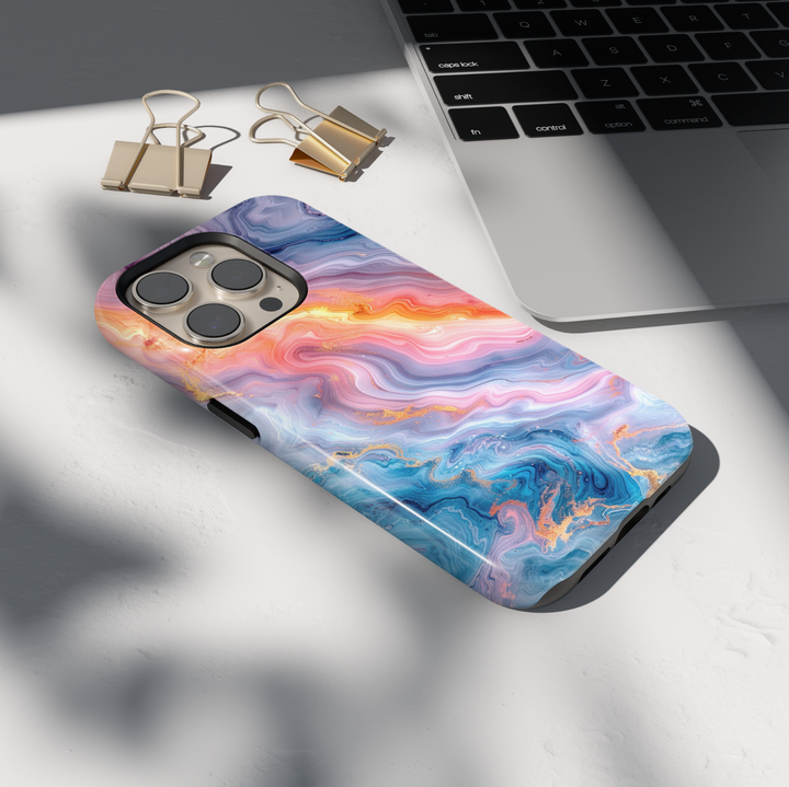 Pastel marble phone case with pink blue and gold abstract swirl design