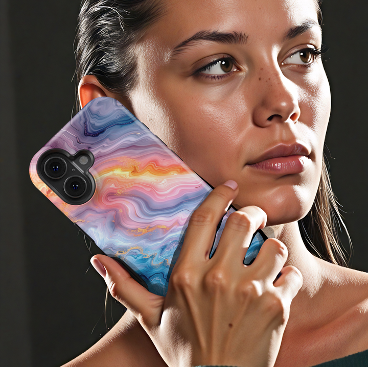 Pastel marble phone case with pink blue and gold abstract swirl design