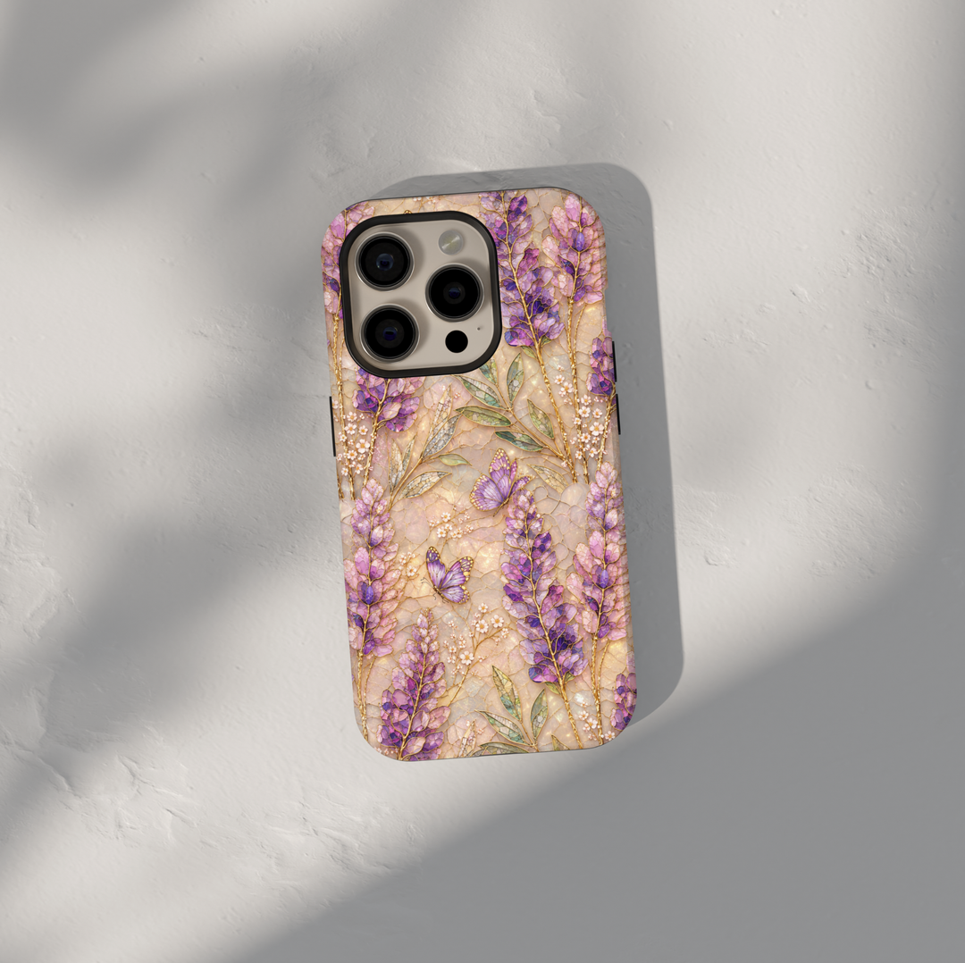 Elegant lavender butterfly phone case featuring purple wildflowers, delicate butterflies, gold botanical details, and a soft pearl-inspired background.