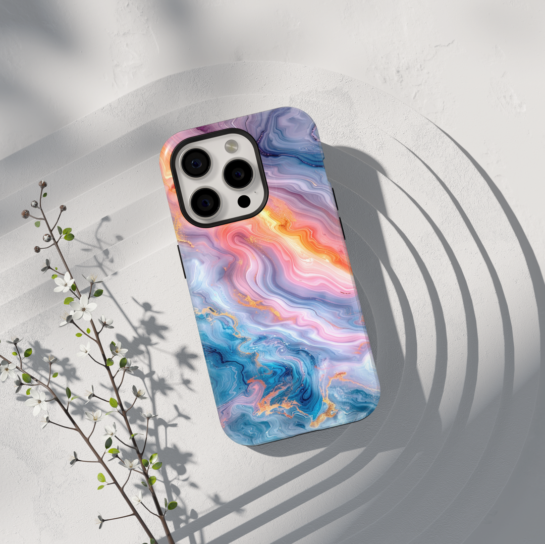 Pastel marble phone case with pink blue and gold abstract swirl design