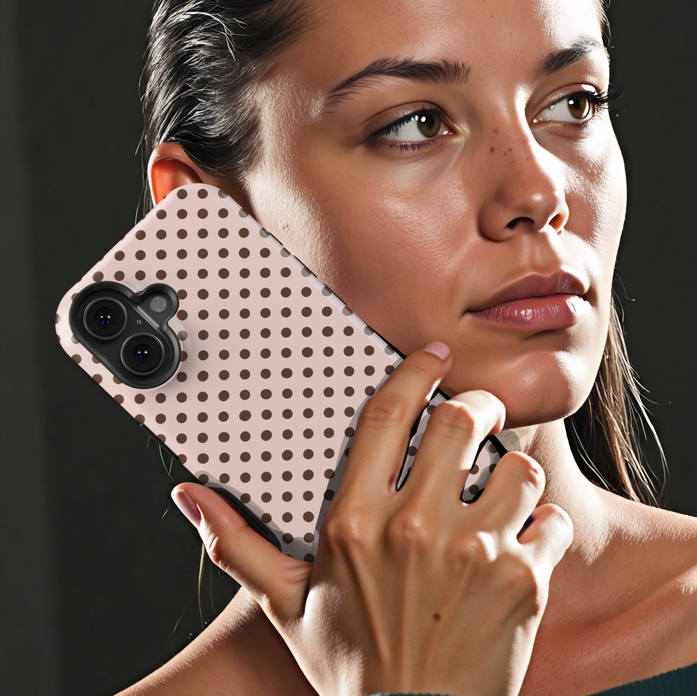 Beige polka dot phone case with personalized name, neutral preppy iPhone 17 case for women, aesthetic Galaxy S25 phone case, minimalist personalized phone cover