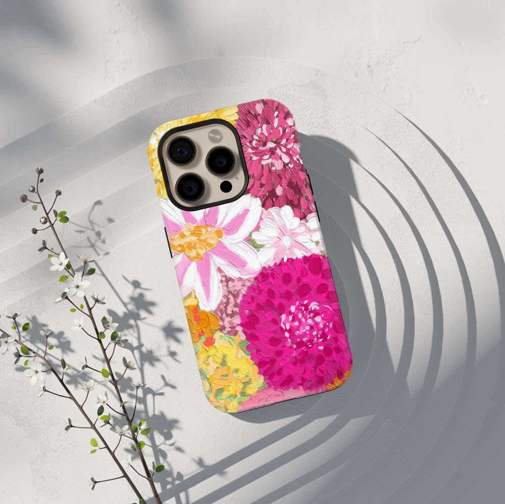 Pink floral painting phone case with bold flower design aesthetic girly case for iPhone 17 Pro Max and Samsung Galaxy S26 Ultra.