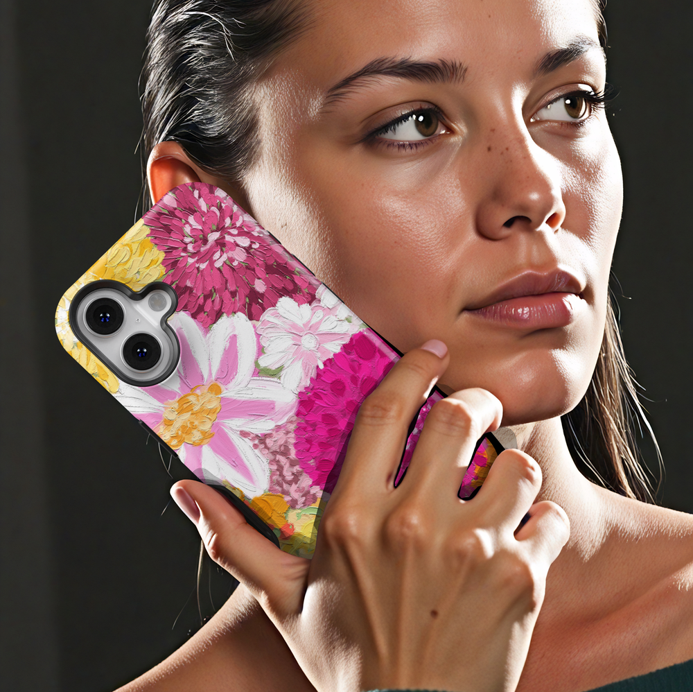 Pink floral painting phone case with bold flower design aesthetic girly case for iPhone 17 Pro Max and Samsung Galaxy S26 Ultra.