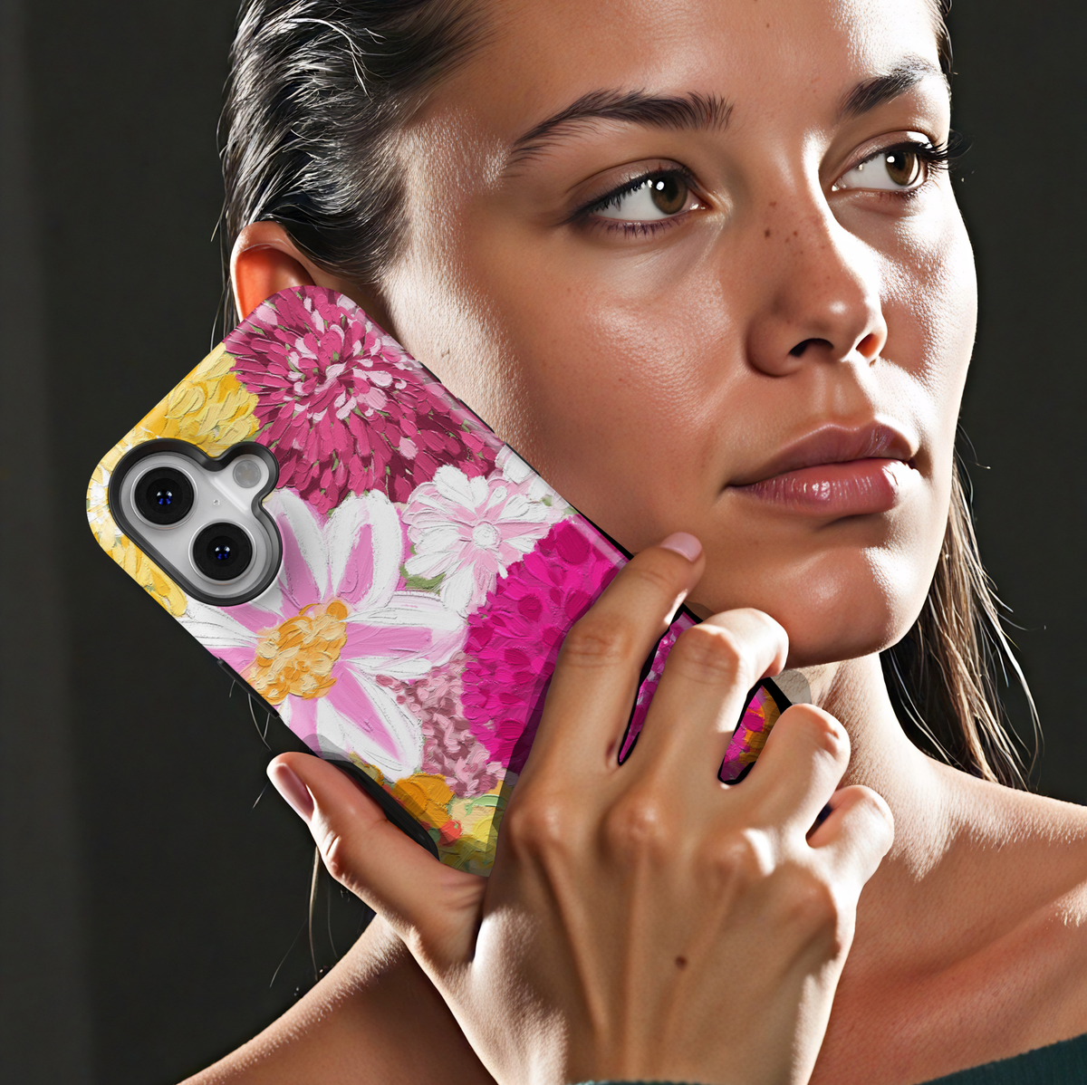 Pink floral painting phone case with bold flower design aesthetic girly case for iPhone 17 Pro Max and Samsung Galaxy S26 Ultra.