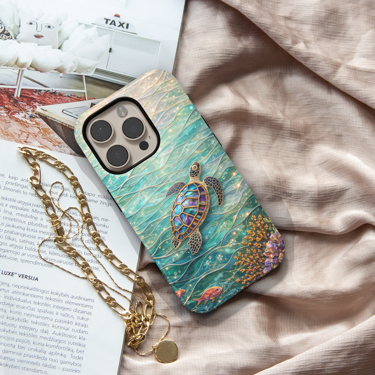Sea turtle ocean aesthetic phone case with underwater waves, coral and marine life protective tough case for iPhone and Samsung Galaxy