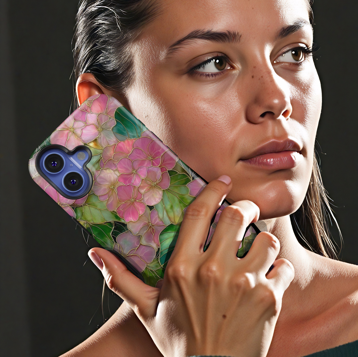 Pink floral iPhone 17 Pro Max case with gold outlined flowers and green leaves, aesthetic MagSafe tough case.
