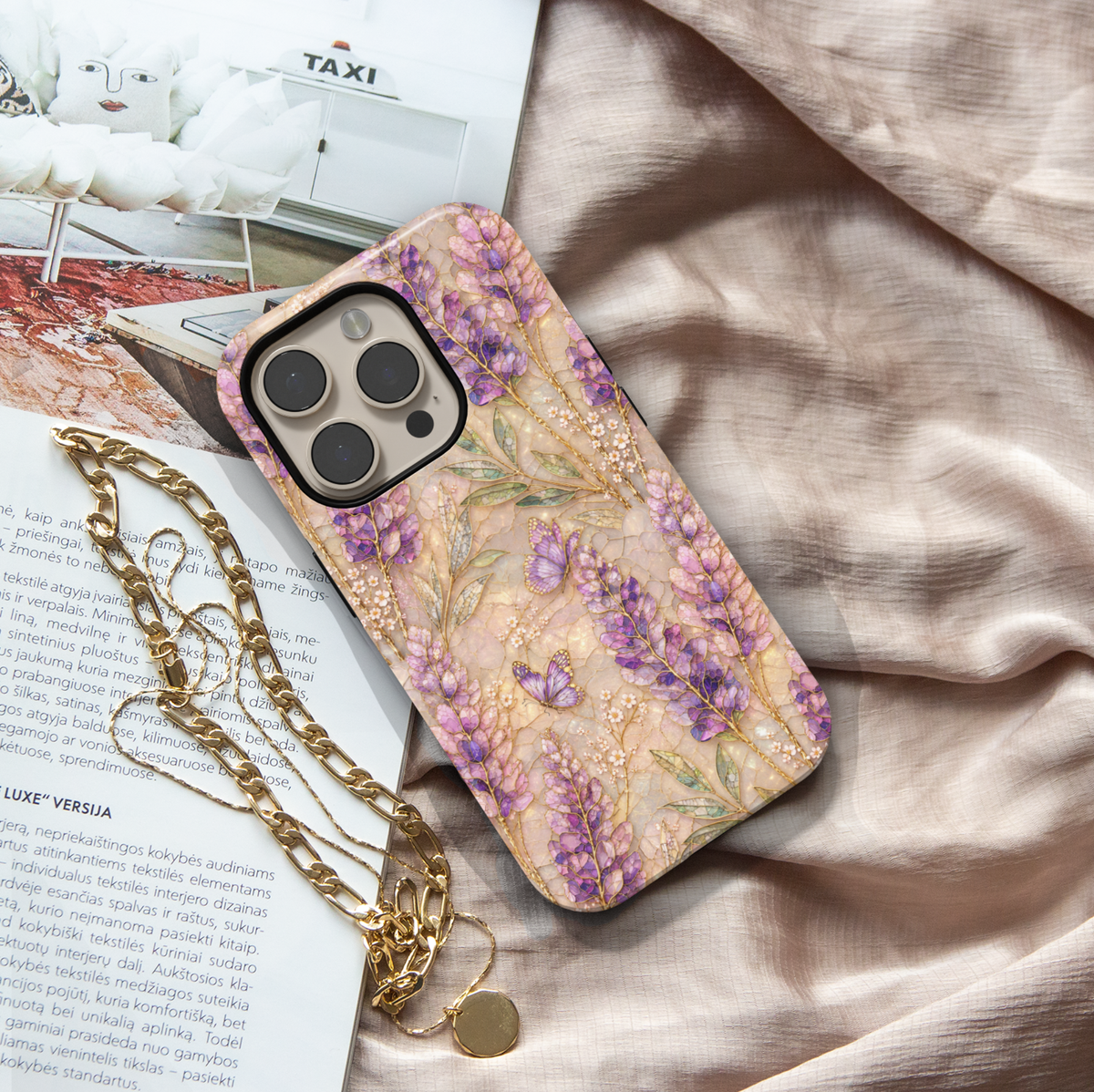 Elegant lavender butterfly phone case featuring purple wildflowers, delicate butterflies, gold botanical details, and a soft pearl-inspired background.