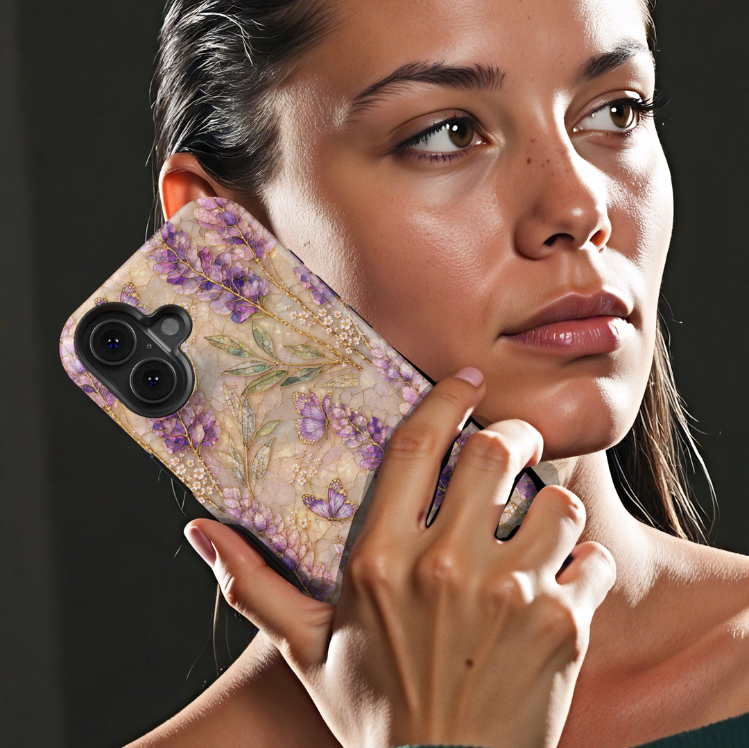 Elegant lavender butterfly phone case featuring purple wildflowers, delicate butterflies, gold botanical details, and a soft pearl-inspired background.