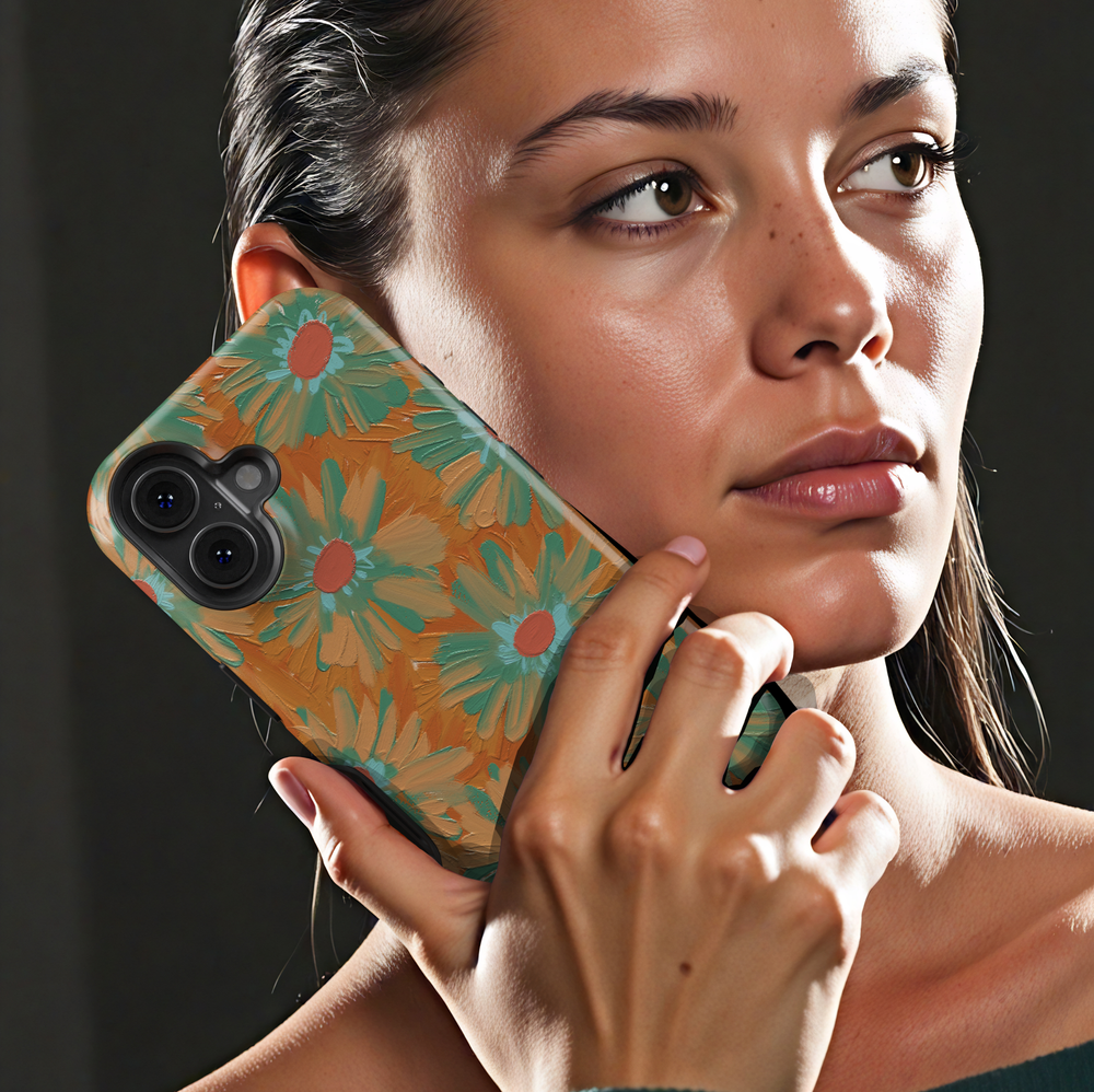 Hand-painted retro floral iPhone case featuring teal daisies on a warm copper background with textured brushstroke artwork.