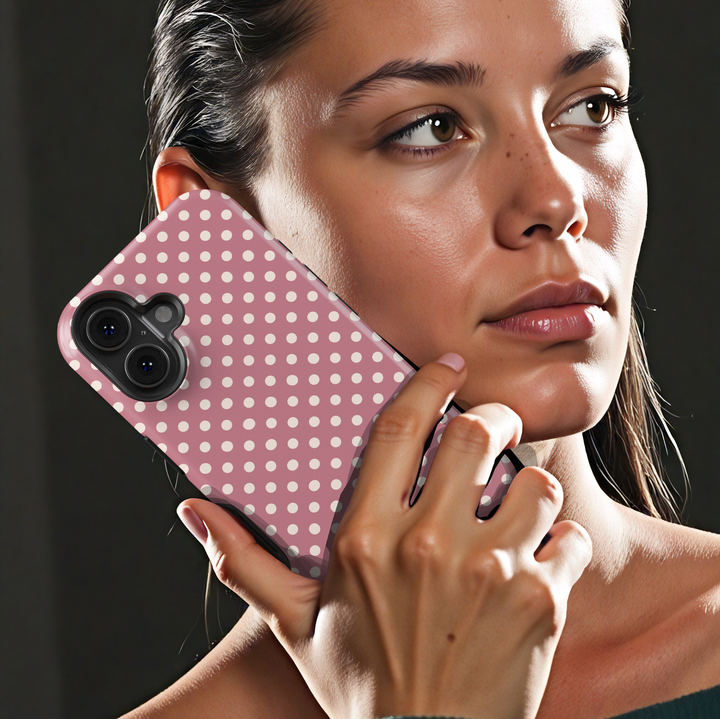 Blush pink polka dot phone case with personalized name, preppy iPhone 17 case for women, feminine Galaxy S25 phone case, aesthetic pink phone cover