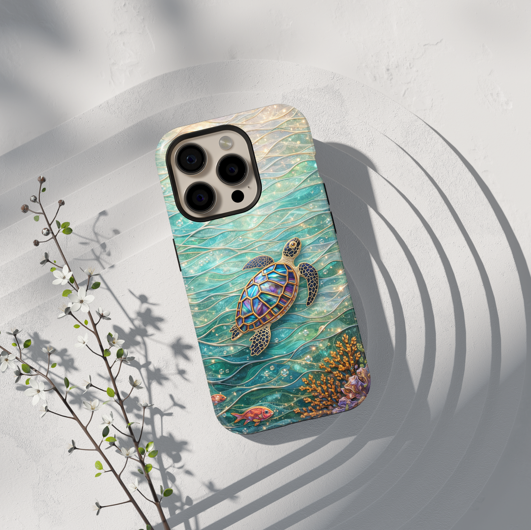 Sea turtle ocean aesthetic phone case with underwater waves, coral and marine life protective tough case for iPhone and Samsung Galaxy