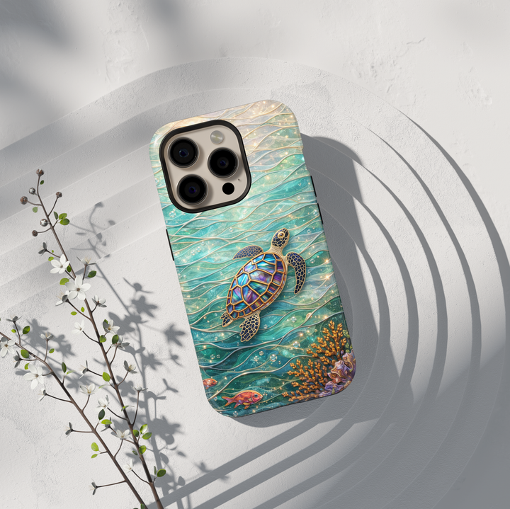 Sea turtle ocean aesthetic phone case with underwater waves, coral and marine life protective tough case for iPhone and Samsung Galaxy