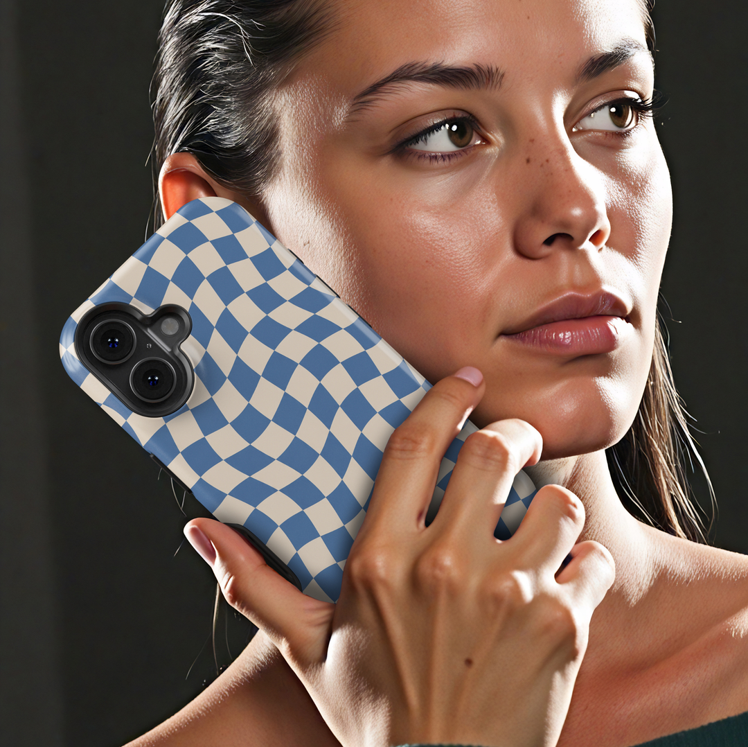 Making Waves blue checkerboard iPhone 18 Pro Max MagSafe case featuring a wavy blue and warm cream checkered pattern, a retro preppy protective tough iPhone 18 Pro phone case with an aesthetic distorted checkerboard design and MagSafe compatibility.