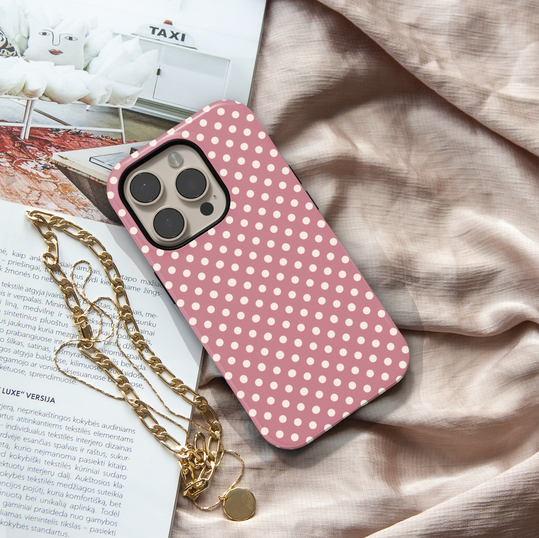 Blush pink polka dot phone case with personalized name, preppy iPhone 17 case for women, feminine Galaxy S25 phone case, aesthetic pink phone cover