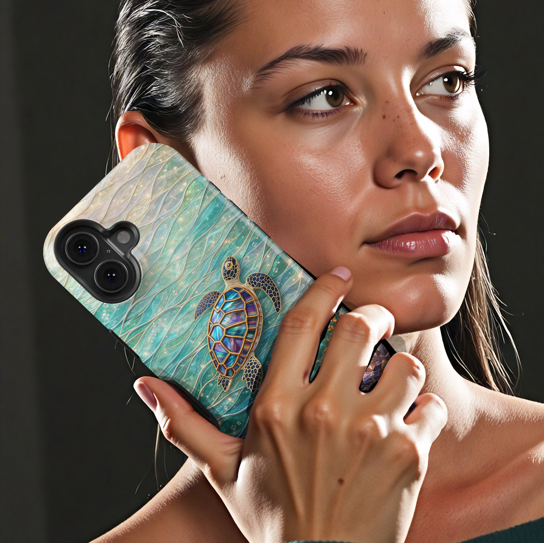 Sea turtle ocean aesthetic phone case with underwater waves, coral and marine life protective tough case for iPhone and Samsung Galaxy