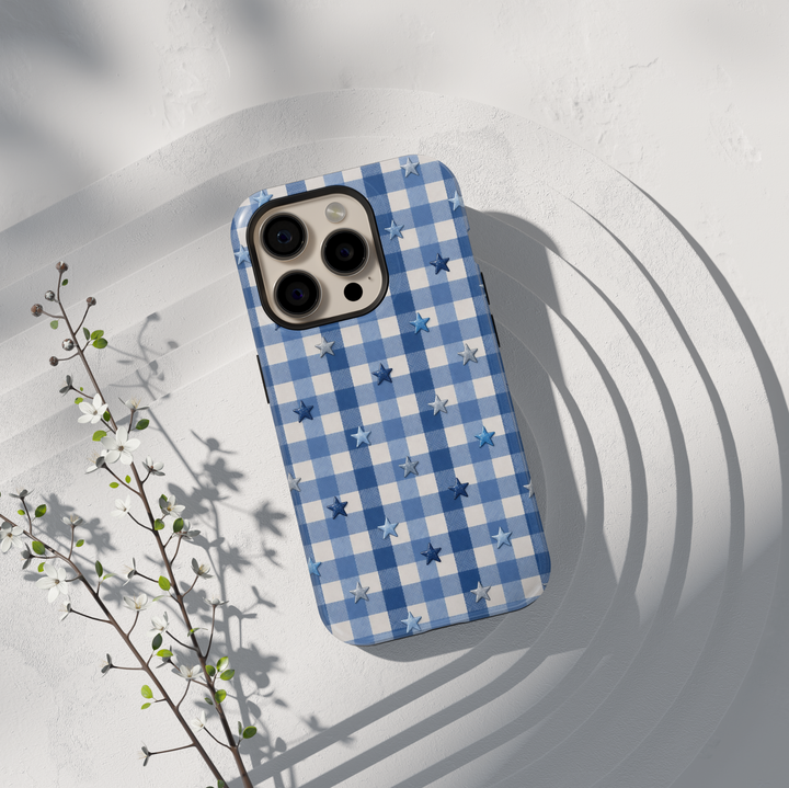 Blue gingham phone case with star pattern aesthetic girly preppy case for iPhone 17 Pro Max and Samsung Galaxy S26 Ultra.