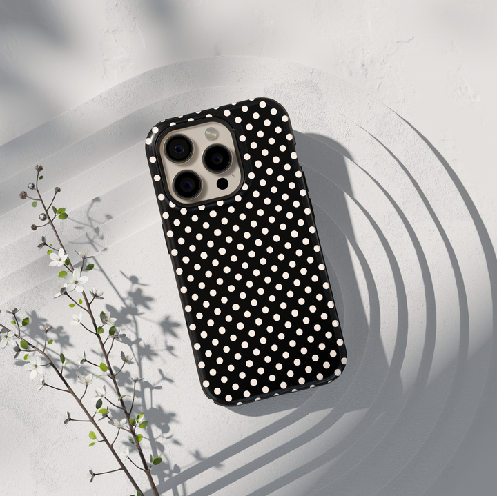 Black polka dot phone case with modern script name, personalized iPhone 17 case for women, preppy Galaxy S25 phone case, classic feminine phone cover