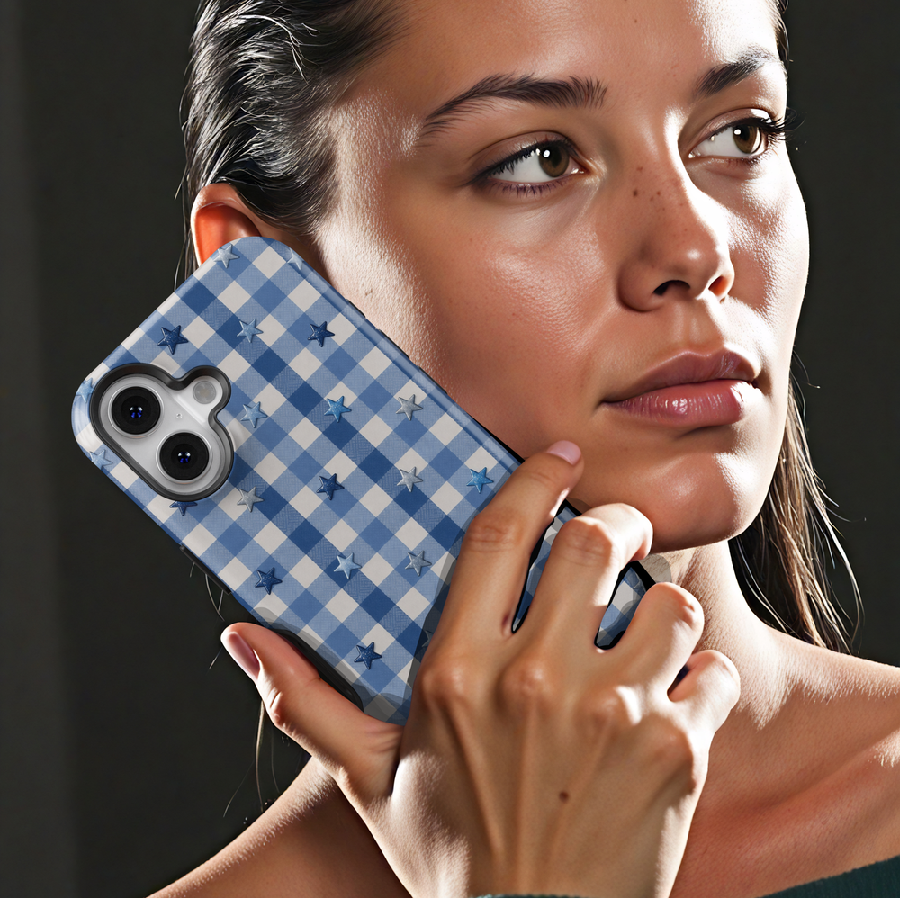 Blue gingham phone case with star pattern aesthetic girly preppy case for iPhone 17 Pro Max and Samsung Galaxy S26 Ultra.