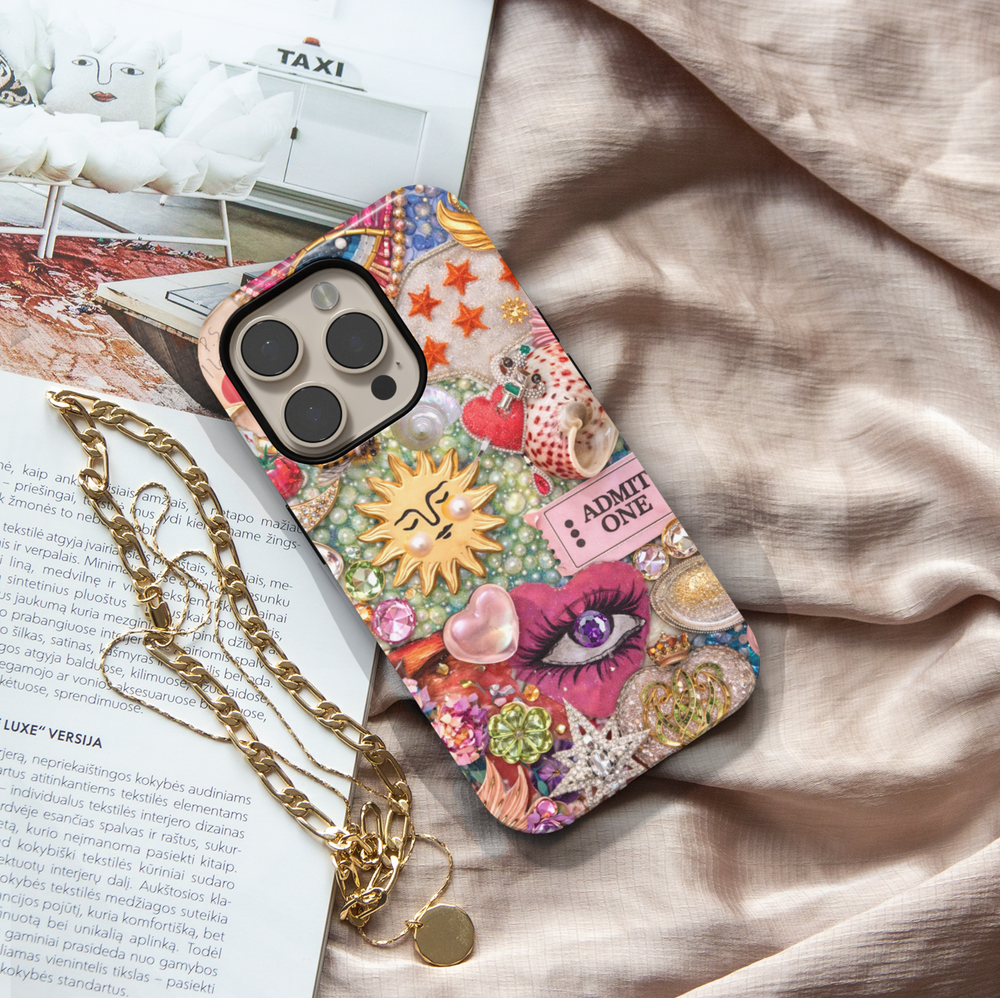Maximalist vintage glam collage phone case featuring jeweled eye, celestial sun charm, pearls, shells and eclectic aesthetic protective tough case for iPhone and Samsung Galaxy