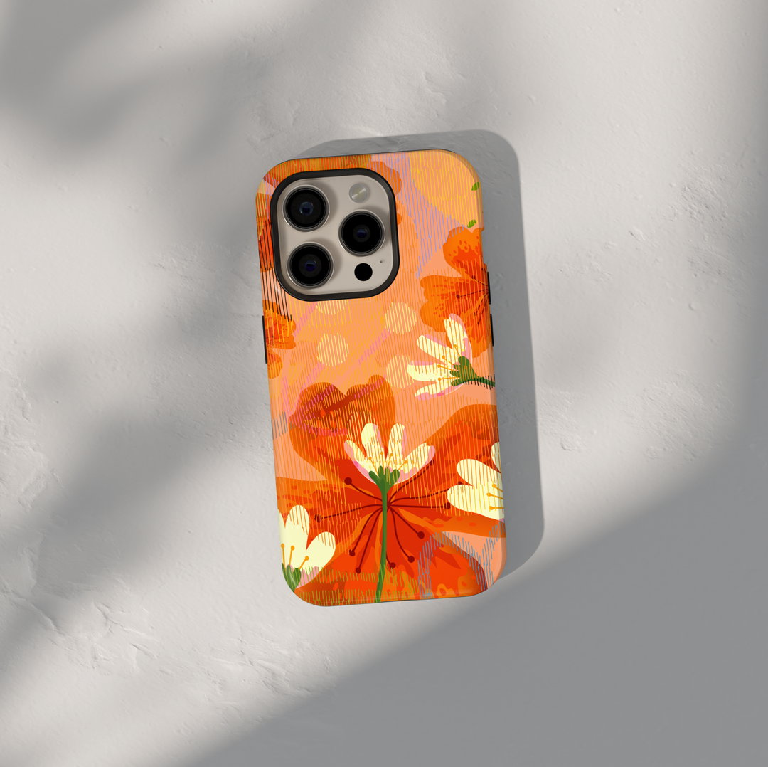 Orange floral phone case with bright summer flowers aesthetic girly case for iPhone 17 Pro Max and Samsung Galaxy S26 Ultra.