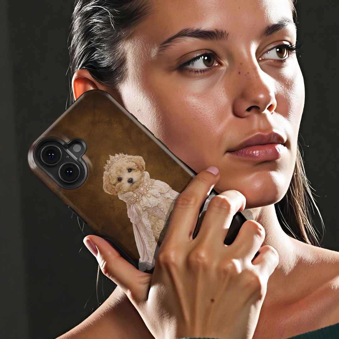 Custom royal pet phone case featuring personalized dog and cat portraits transformed into king and queen artwork on premium protective phone cases with navy, burgundy, and emerald backgrounds.