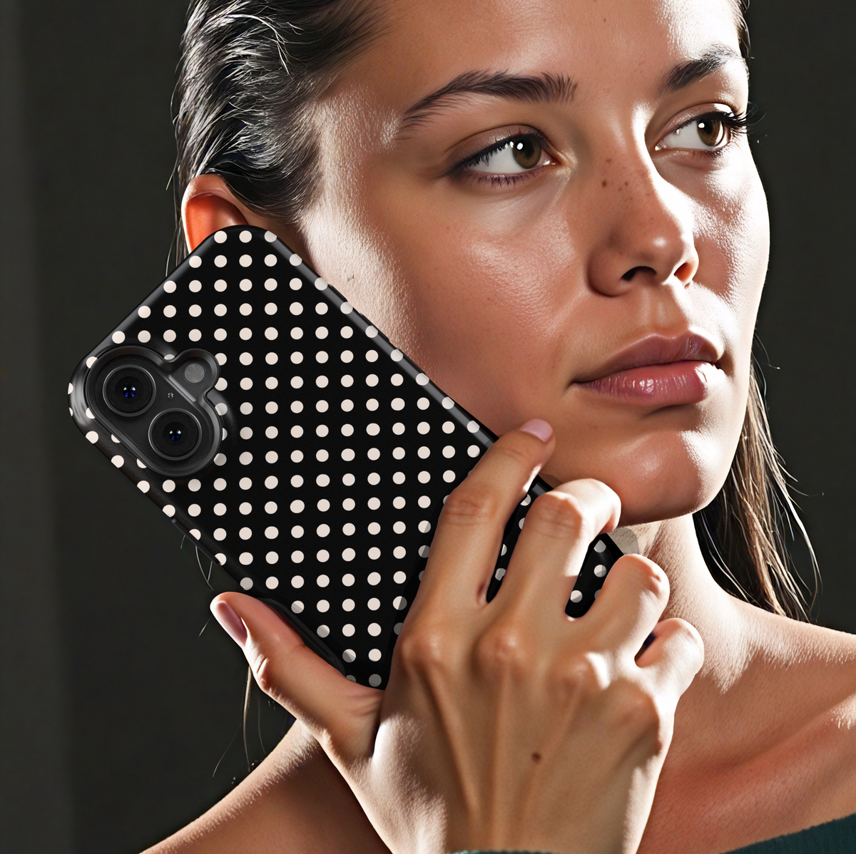 Black polka dot phone case with modern script name, personalized iPhone 17 case for women, preppy Galaxy S25 phone case, classic feminine phone cover