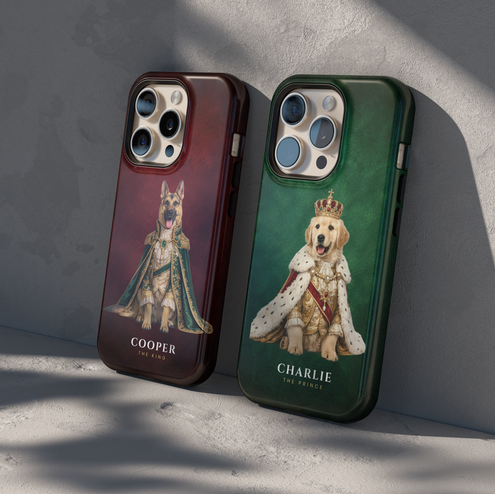 Custom royal pet phone case featuring personalized dog and cat portraits transformed into king and queen artwork on premium protective phone cases with navy, burgundy, and emerald backgrounds.