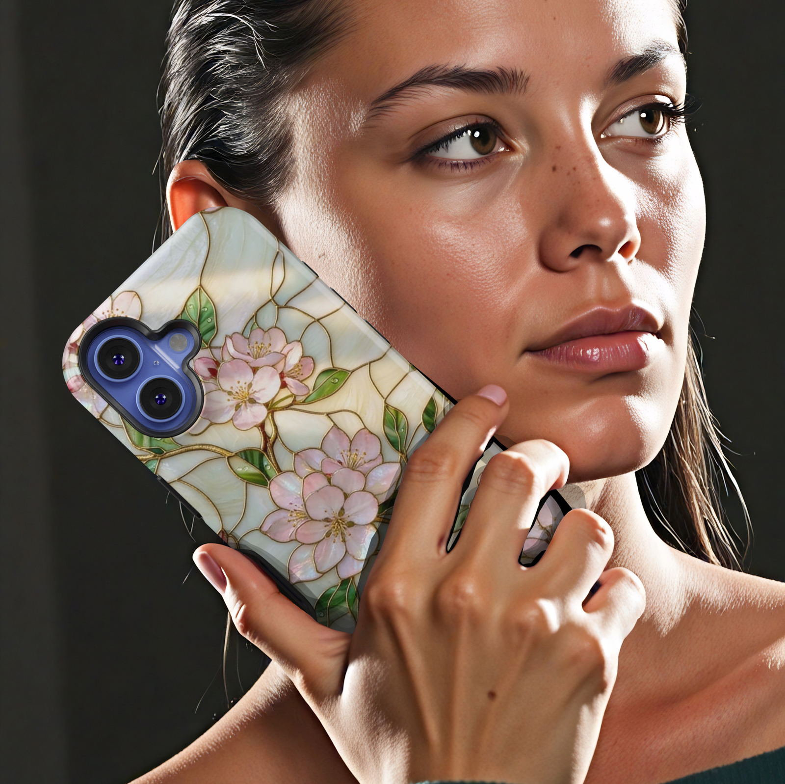 Soft pink blossom iPhone 17 Pro Max case with delicate floral design and stained-glass aesthetic finish.