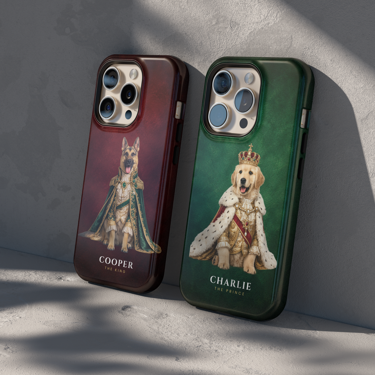 Custom royal pet phone case featuring personalized dog and cat portraits transformed into king and queen artwork on premium protective phone cases with navy, burgundy, and emerald backgrounds.