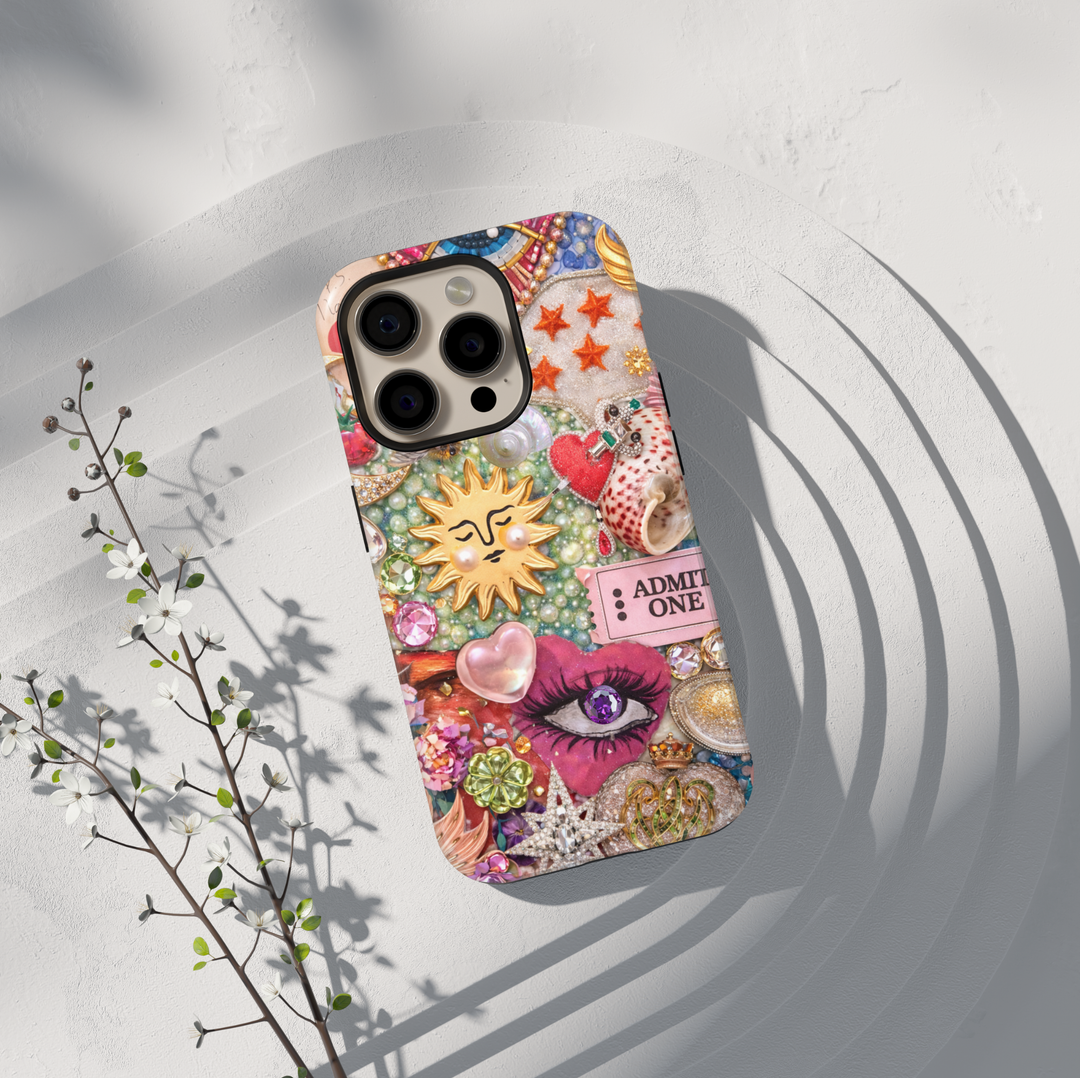 Maximalist vintage glam collage phone case featuring jeweled eye, celestial sun charm, pearls, shells and eclectic aesthetic protective tough case for iPhone and Samsung Galaxy
