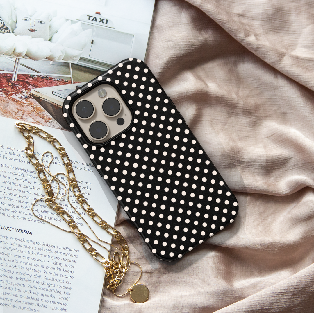 Black polka dot phone case with modern script name, personalized iPhone 17 case for women, preppy Galaxy S25 phone case, classic feminine phone cover
