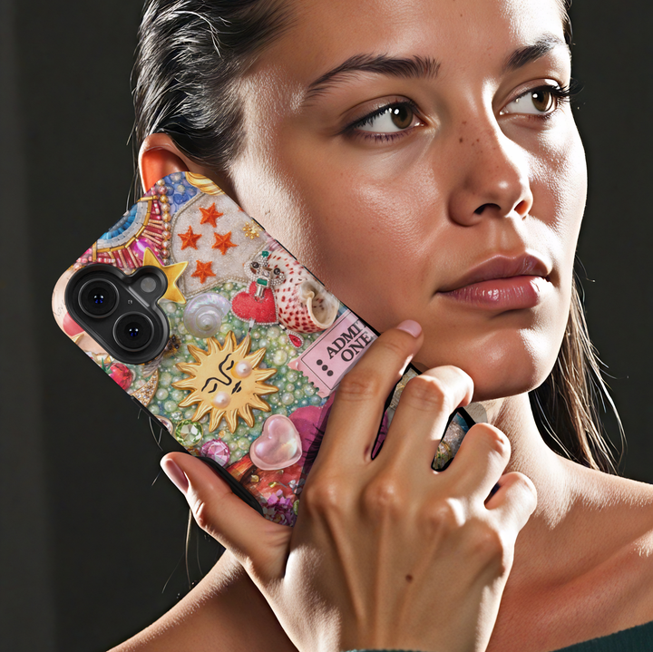 Maximalist vintage glam collage phone case featuring jeweled eye, celestial sun charm, pearls, shells and eclectic aesthetic protective tough case for iPhone and Samsung Galaxy