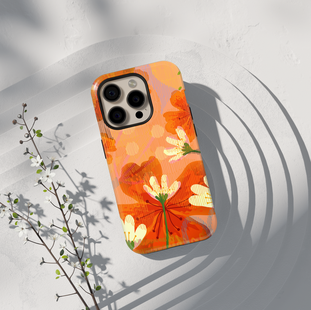 Orange floral phone case with bright summer flowers aesthetic girly case for iPhone 17 Pro Max and Samsung Galaxy S26 Ultra.
