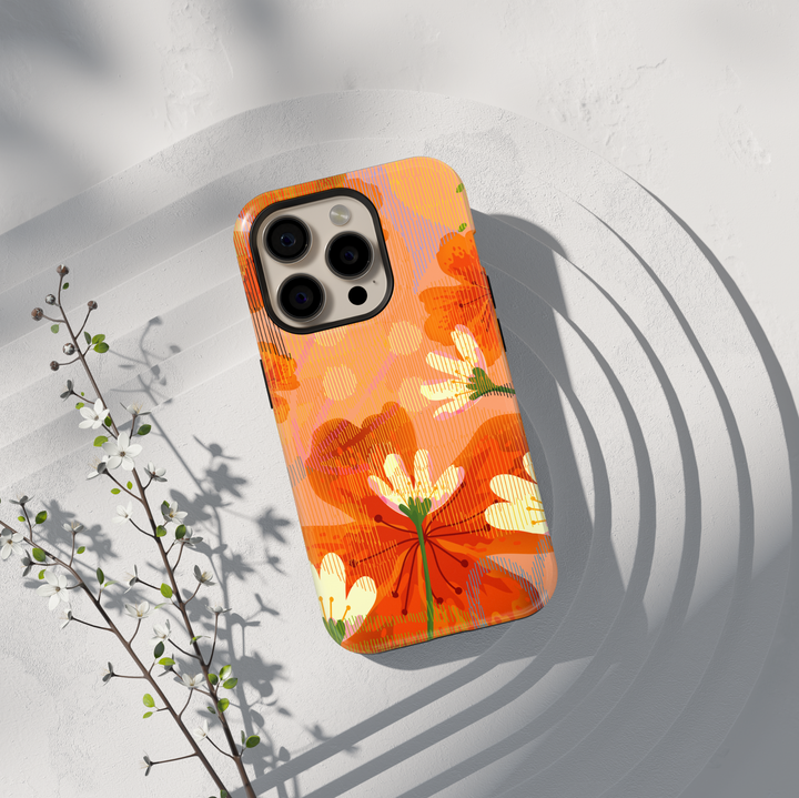 Orange floral phone case with bright summer flowers aesthetic girly case for iPhone 17 Pro Max and Samsung Galaxy S26 Ultra.