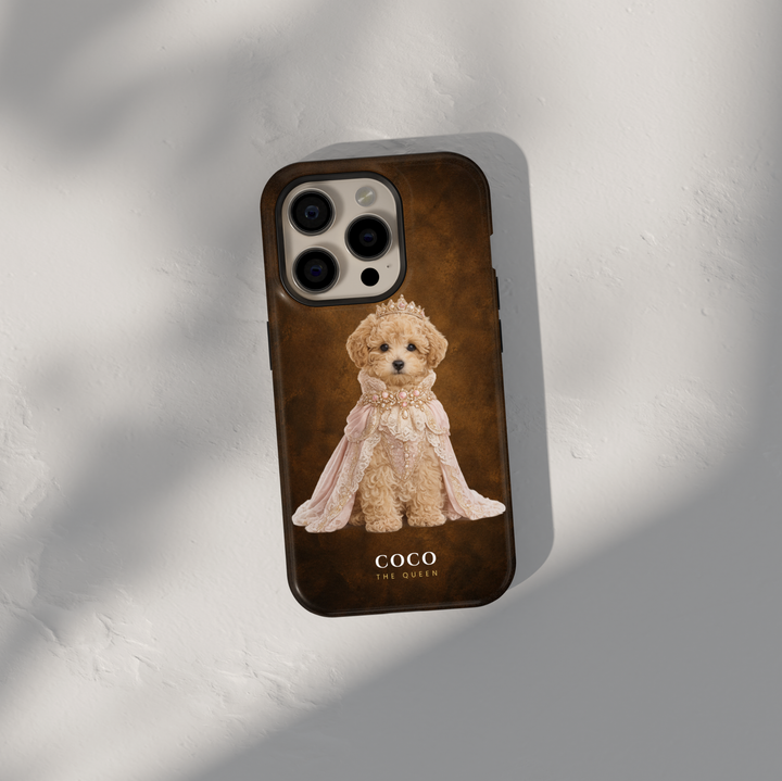 Custom royal pet phone case featuring personalized dog and cat portraits transformed into king and queen artwork on premium protective phone cases with navy, burgundy, and emerald backgrounds.