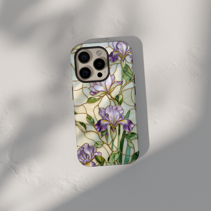 Purple iris floral iPhone 17 Pro Max case with gold detailing and pearl background, aesthetic MagSafe tough case.
