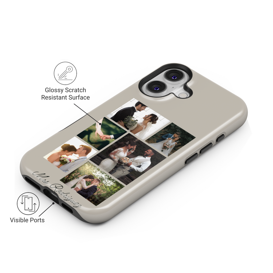 Personalized Wedding Photo Collage Phone Case, Custom Bride and Groom Pictures, Elegant White Leather Texture, Newlywed Name Engraved Cover, Romantic Memory Keepsake, Stylish iPhone 16 Case, Samsung Galaxy S25 Ultra, Google Pixel 9 Pro, Protective Slim Case
