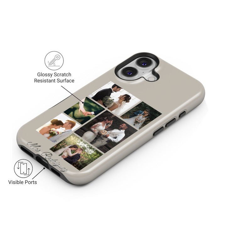 Personalized Wedding Photo Collage Phone Case, Custom Bride and Groom Pictures, Elegant White Leather Texture, Newlywed Name Engraved Cover, Romantic Memory Keepsake, Stylish iPhone 16 Case, Samsung Galaxy S25 Ultra, Google Pixel 9 Pro, Protective Slim Case