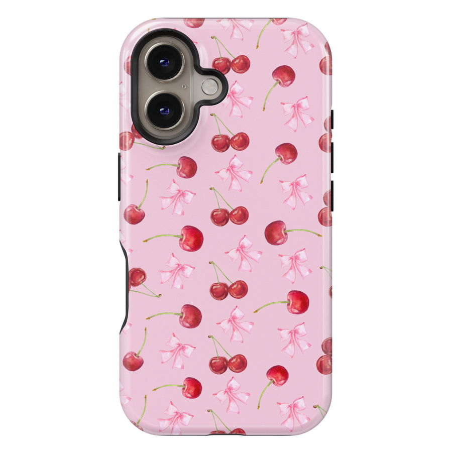 Girly pink iPhone case with black bow and star pattern – cute, aesthetic, and stylish protective phone cover for women and girls, compatible with iPhone models 14, 15, and 16.